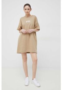 GAP sukienka kolor beżowy mini oversize. Kolor: beżowy. Materiał: dzianina. Długość rękawa: krótki rękaw. Typ sukienki: oversize. Długość: mini #2