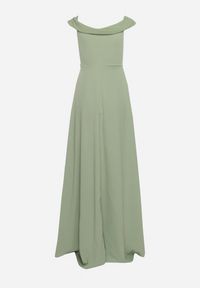 Born2be - Jasnozielona Koktajlowa Rozkloszowana Sukienka z Hiszpańskim Dekoltem i Rozcięciem na Nogę Gralia. Okazja: na studniówkę, na ślub cywilny, na wesele. Kolor: zielony. Typ sukienki: rozkloszowane. Styl: wizytowy #2