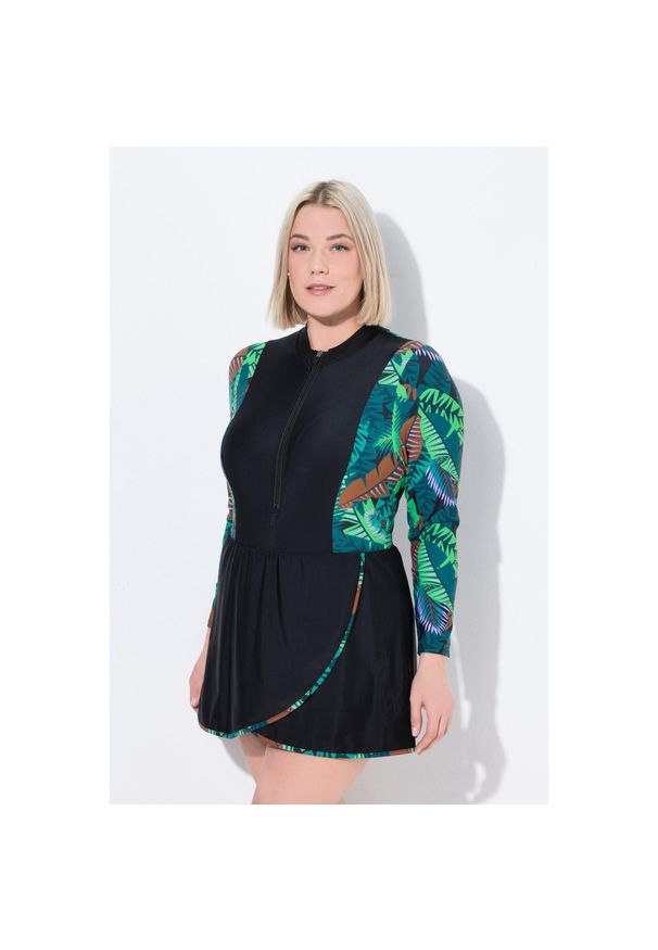 ULLA POPKEN - Damskie Sukienka kąpielowa wzór dżungli miękkie miseczki długi rękaw stójka. Kolekcja: plus size. Kolor: czarny. Materiał: poliamid, materiał, elastan. Długość: długie