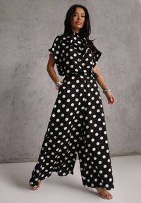 Renee - Czarny Komplet w Groszki Bluzka Wiązana przy Szyi i Spodnie Wide Leg Firerun. Kolor: czarny. Wzór: grochy #6