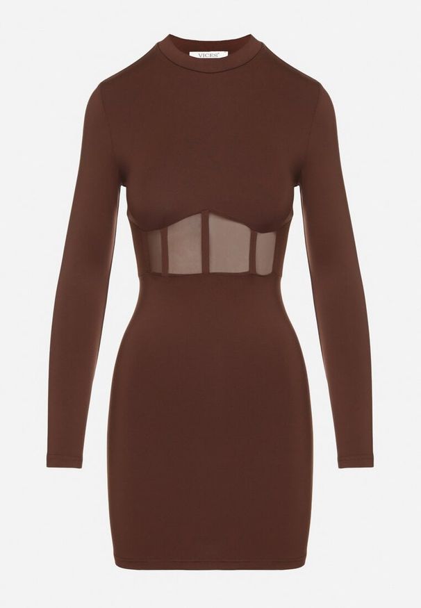 Born2be - Brązowa Dopasowana Sukienka Vices Ozdobiona Gorsetową Przezroczystą Górą Axerne. Typ kołnierza: dekolt gorset. Kolor: brązowy. Wzór: aplikacja. Typ sukienki: gorsetowe. Styl: elegancki, klasyczny