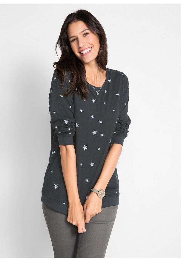 bonprix - Bluzka bawełniana z nadrukiem, długi rękaw. Kolor: czarny. Materiał: bawełna. Długość rękawa: długi rękaw. Długość: długie. Wzór: nadruk