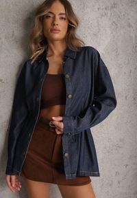 Renee - Granatowa Koszula z Bawełny Ściągana w Talii Troczkami Hettia. Kolor: niebieski. Materiał: bawełna. Styl: elegancki #5