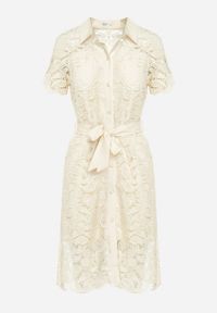 Born2be - Jasnobeżowa Koszulowa Sukienka Koronkowa z Wiązanym Paskiem Sachaela. Kolor: beżowy. Materiał: koronka. Typ sukienki: koszulowe. Długość: midi #5