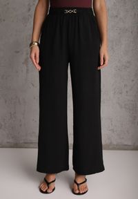 Renee - Czarne Spodnie Casual Wide Leg High Waist Zdobione Klamerką w Talii Cythiopis. Okazja: na co dzień. Kolekcja: plus size. Kolor: czarny. Długość: długie. Wzór: aplikacja. Stan: podwyższony. Materiał: tkanina. Sezon: lato. Styl: casual #4