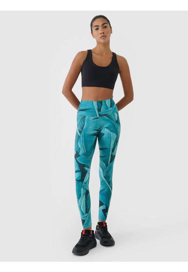 4f - 4F Legginsy treningowe z wysokim stanem damskie - turkusowe XL. Stan: podwyższony. Kolor: turkusowy. Materiał: dzianina, włókno, syntetyk, materiał, elastan. Wzór: gładki, nadruk, ze splotem. Sport: fitness