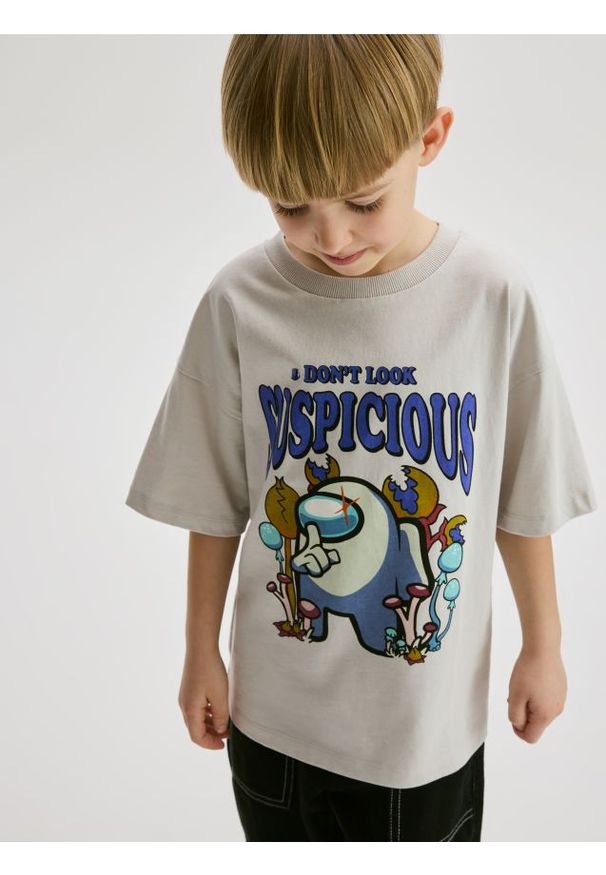 Reserved - T-shirt Among Us - jasnoszary. Kolor: szary. Materiał: dzianina, bawełna