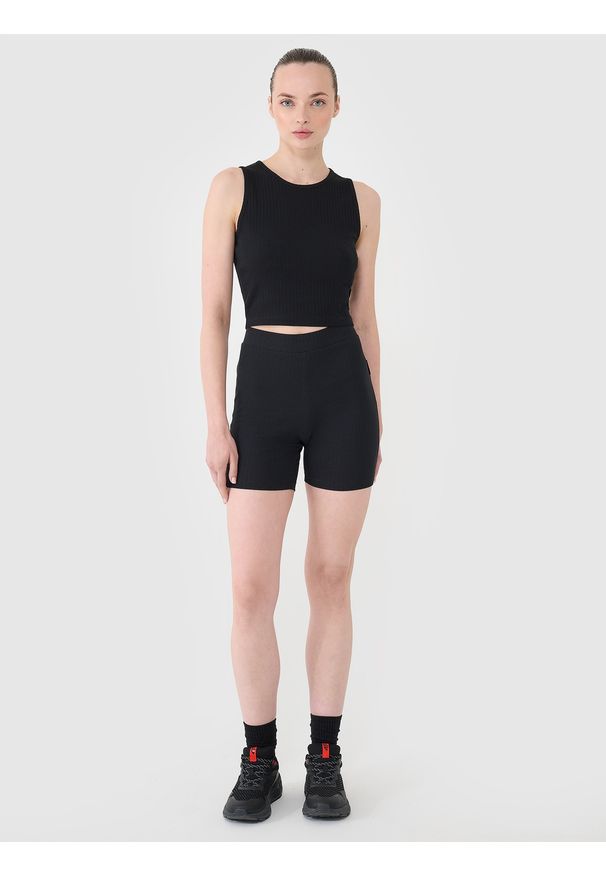 4f - 4F Legginsy krótkie dzianinowe damskie - czarne XL. Stan: podwyższony. Kolor: czarny. Materiał: dzianina. Długość: krótkie. Wzór: jednolity