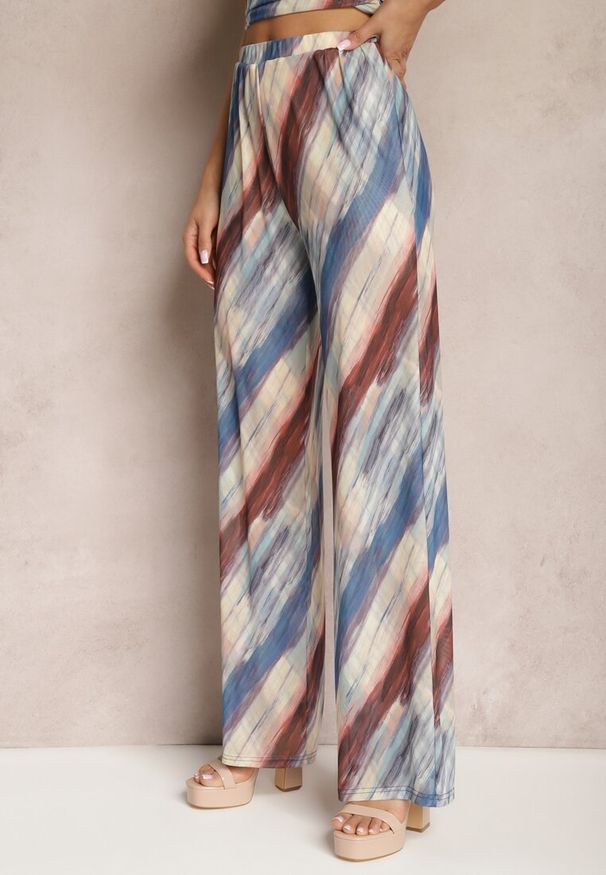 Renee - Granatowo-Beżowe Siateczkowe Spodnie Szerokie High Waist Mandiore. Okazja: na co dzień. Stan: podwyższony. Kolor: niebieski. Styl: casual, elegancki