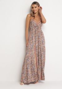 Born2be - Beżowa Sukienka Maxi z Gumką w Pasie na Cienkich Ramiączkach z Wiskozy Selve. Okazja: na co dzień. Kolor: beżowy. Materiał: wiskoza. Długość rękawa: na ramiączkach. Wzór: aplikacja. Styl: casual. Długość: maxi #4