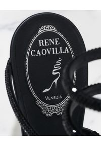 RENE CAOVILLA - Czarne sandały na szpilce Cleo. Nosek buta: okrągły. Zapięcie: pasek. Kolor: czarny. Materiał: satyna. Wzór: aplikacja, paski. Obcas: na szpilce. Styl: elegancki. Wysokość obcasa: średni #3
