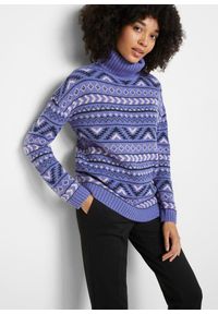 bonprix - Sweter w norweski wzór. Kolor: fioletowy. Materiał: dzianina