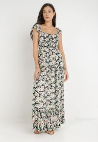 Born2be - Biało-Czarna Sukienka Agathice. Typ kołnierza: dekolt kwadratowy. Kolor: biały. Materiał: tkanina, wiskoza. Długość rękawa: na ramiączkach. Wzór: kwiaty. Styl: klasyczny. Długość: maxi #5