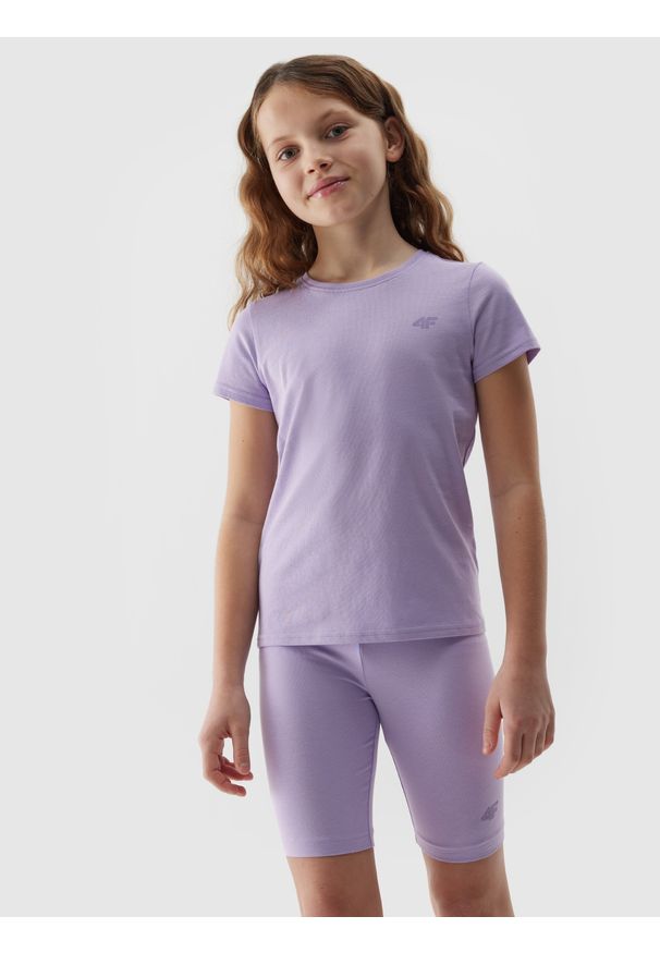 4f - 4F Legginsy kolarki dzianinowe dziewczęce - jasny fiolet 122/128 (6-8 lat). Okazja: na co dzień. Stan: obniżony. Kolor: fioletowy. Materiał: dzianina. Długość: krótkie. Wzór: jednolity, gładki, ze splotem. Sezon: lato. Styl: casual, sportowy