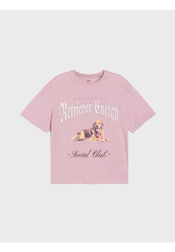 Sinsay - Bawełniana koszulka z krótkim rękawem - różowy. Kolor: różowy. Materiał: bawełna. Długość rękawa: krótki rękaw. Długość: krótkie