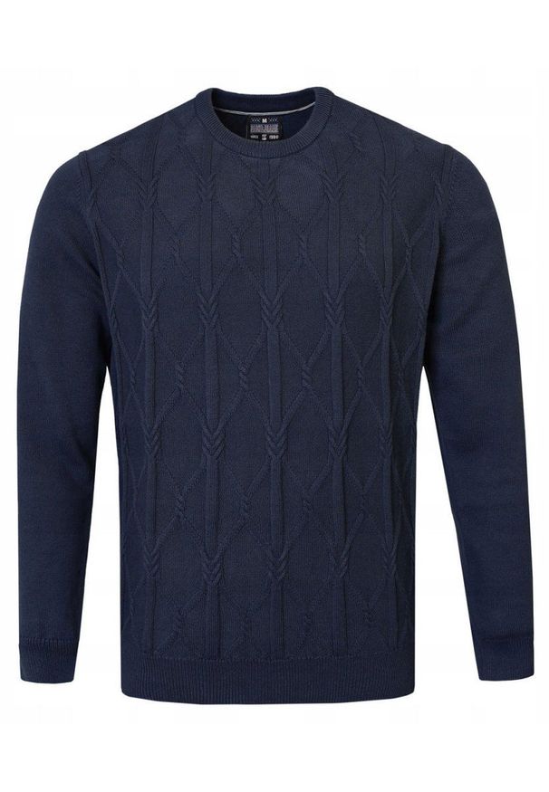 Bawełniany Sweter Męski - Pako Jeans - Warkoczowy Splot - Granat. Kolor: niebieski. Materiał: bawełna. Wzór: ze splotem. Styl: klasyczny, elegancki