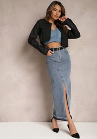 Renee - Granatowa Ołówkowa Spódnica Jeansowa z Ozdobnym Rozcięciem Lefrana. Kolor: niebieski. Materiał: jeans #1