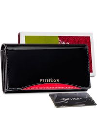 Skórzany portfel lakierowany Peterson czarny z czerwonym akcentem PTN BC-411-BLACK RED. Kolor: czarny, czerwony, wielokolorowy. Materiał: lakier, skóra