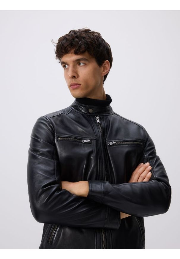Reserved - Skórzana kurtka biker - czarny. Kolor: czarny. Materiał: skóra