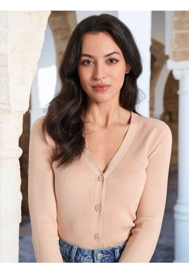 Sinsay - Kardigan z miękkiej dzianiny - beżowy. Kolor: beżowy. Materiał: dzianina