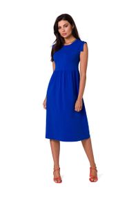 MOE - Lekko Rozkloszowana Sukienka z Podwyższoną Talią - Chabrowa. Kolor: niebieski. Materiał: bawełna, elastan #1