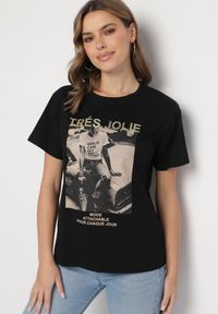 Born2be - Czarny T-shirt z Bawełny Ozdobiony Nadrukiem i Brokatem Marionel. Okazja: na co dzień. Kolor: czarny. Materiał: bawełna. Wzór: nadruk, aplikacja. Styl: casual, elegancki, klasyczny