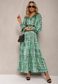Renee - Zielona Plisowana Sukienka Maxi Ozdobiona Wzorem w Tweedowym Stylu Juvioa. Kolor: zielony. Materiał: tkanina. Wzór: aplikacja. Długość: maxi #5