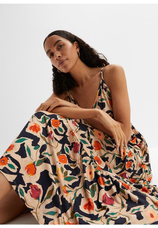 bonprix - Długa sukienka z miękkiej mieszanki wiskozy. Typ kołnierza: dekolt w serek. Kolor: czarny. Materiał: wiskoza. Wzór: nadruk. Sezon: lato. Długość: maxi