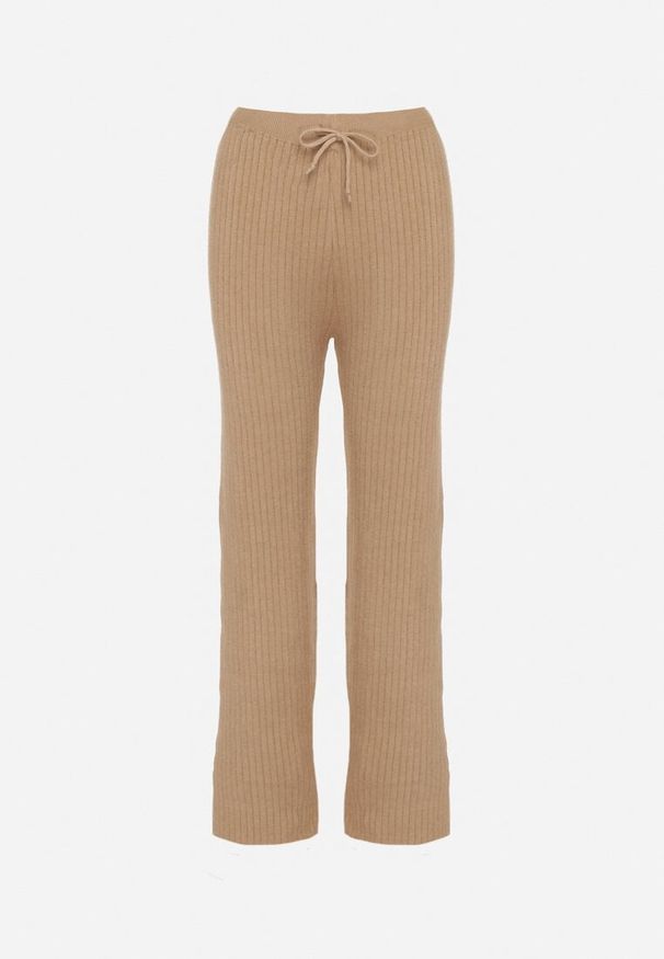 Born2be - Beżowe Prążkowane Spodnie z Wełną o Szerokim Kroju z Wysokim Stanem Reinnia. Okazja: na co dzień. Stan: podwyższony. Kolor: beżowy. Materiał: prążkowany, wełna. Styl: casual