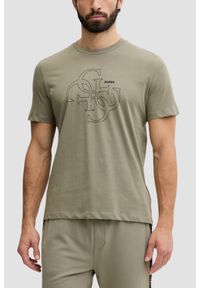 Guess - GUESS Zielony bawełniany t-shirt męski na krótki rękaw z wyszywanym logo 4G Tiberio, Rozmiar M. Okazja: na co dzień. Kolor: zielony. Materiał: bawełna. Długość rękawa: krótki rękaw. Długość: krótkie. Styl: casual #1