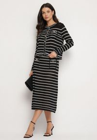 Born2be - Czarny Dzianinowy Komplet z Wiskozą w Paski Kardigan i Spódnica Sepoline. Kolor: czarny. Materiał: wiskoza, dzianina. Wzór: paski #3
