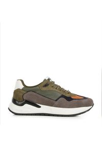 Wittchen - Męskie sneakersy skórzane z motywem w jodełkę zielono-szare. Nosek buta: okrągły. Kolor: zielony, szary, wielokolorowy. Materiał: skóra. Wzór: jodełka