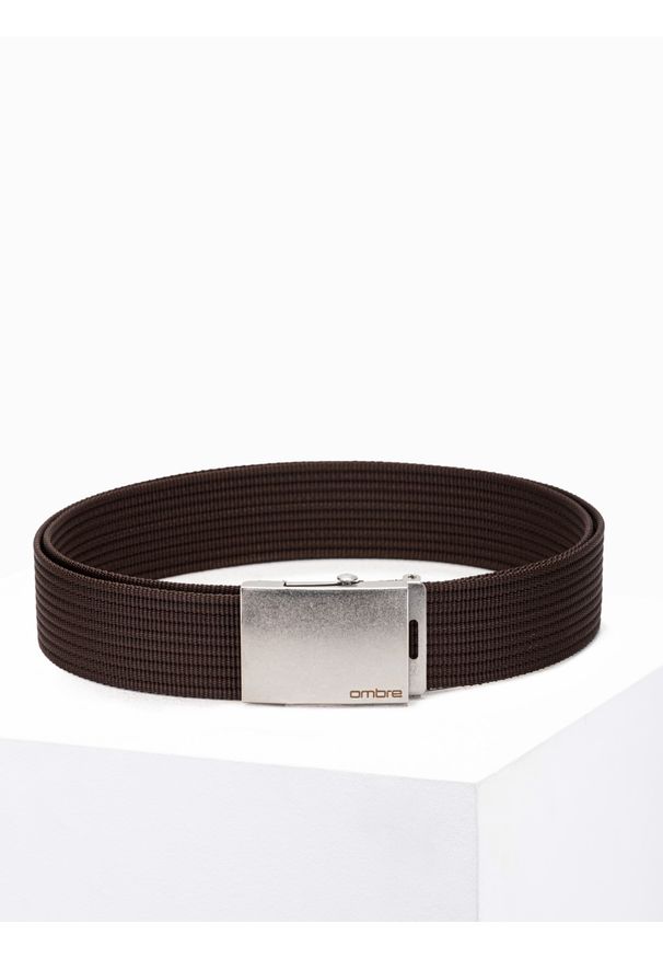 Ombre Clothing - Pasek męski parciany z klamrą w kolorze postarzonego srebra – brązowy. Kolor: brązowy. Materiał: jeans, materiał, syntetyk. Styl: casual