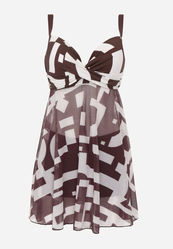 Born2be - Brązowe Bikini z Siateczkową Sukienką Kąpielową i Majtkami Typu Szorty Vilineli. Kolekcja: plus size. Kolor: brązowy. Długość: długie