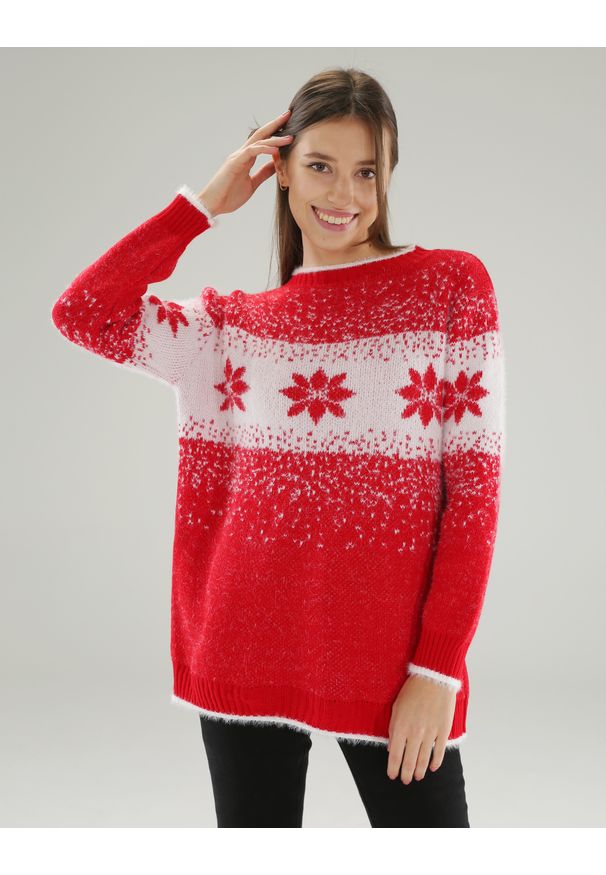 Unisono - WZORZYSTY SWETER Z WEŁNĄ 141-9149-1 ROSSO. Materiał: wełna