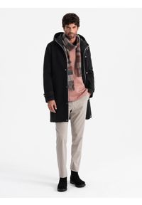 Ombre Clothing - Długi monochromatyczny męski płaszcz z kapturem – czarny V3. Okazja: na co dzień. Typ kołnierza: kaptur. Kolor: czarny. Materiał: wiskoza, tkanina, poliester, materiał, syntetyk. Długość: długie. Styl: wizytowy, casual, elegancki #4