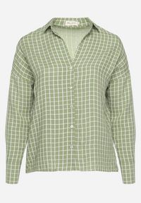 Born2be - Zielona Bawełniana Koszula z Długim Rękawem i Trójkątnym Dekoltem Zapinana na Guziki Tesapaula. Kolor: zielony. Materiał: bawełna. Długość rękawa: długi rękaw. Długość: długie