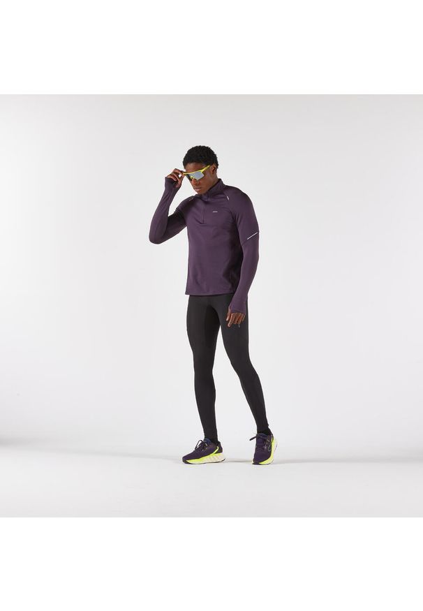 KIPRUN - Bluza do biegania męska Kiprun Run 500 Warm ocieplana. Kolor: fioletowy. Materiał: elastan, poliester, materiał. Długość rękawa: długi rękaw. Długość: długie. Sport: bieganie