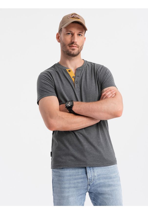 Ombre Clothing - T-shirt męski z okrągłym rozpinanym dekoltem henley – grafitowy V6. Okazja: na co dzień. Typ kołnierza: typu henley. Kolor: szary. Materiał: poliester, bawełna. Styl: casual