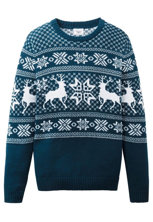 Sweter chłopięcy dzianinowy w norweski wzór bonprix ciemnoniebiesko-biały. Kolor: niebieski. Materiał: bawełna, materiał. Wzór: aplikacja