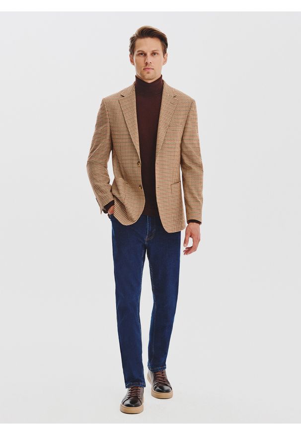 Pako Lorente - PAKO LORENTE - Beżowa marynarka w pepitkę. Okazja: na co dzień. Kolor: beżowy. Materiał: poliester, elastan, wiskoza. Sezon: jesień. Styl: casual