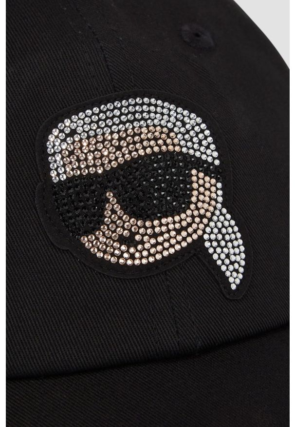 Karl Lagerfeld - KARL LAGERFELD Czarna damska czapka z daszkiem Ikon Rhinestones. Kolor: czarny. Materiał: bawełna. Wzór: aplikacja. Styl: klasyczny