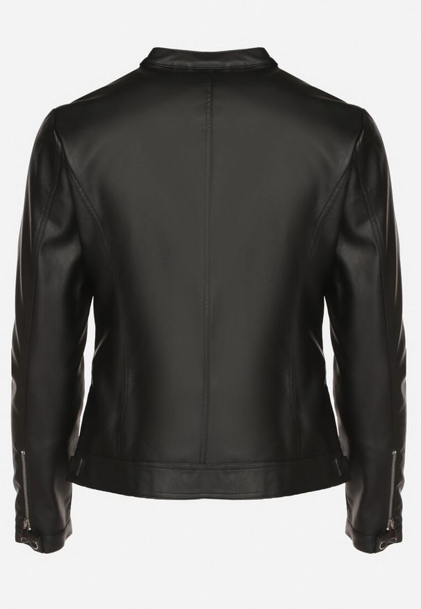 Born2be - Czarna Kurtka Ramoneska Bez Kołnierzyka z Suwakami na Rękawach Rilinne. Okazja: na spacer, na co dzień. Typ kołnierza: bez kołnierzyka. Kolekcja: plus size. Kolor: czarny. Sezon: wiosna. Styl: casual, elegancki