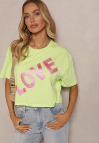 Renee - Zielony Krótki T-shirt Oversize z Bawełny z Ozdobnym Napisem Sanillva. Okazja: na co dzień. Kolor: zielony. Materiał: bawełna. Długość: krótkie. Wzór: napisy. Styl: casual #4