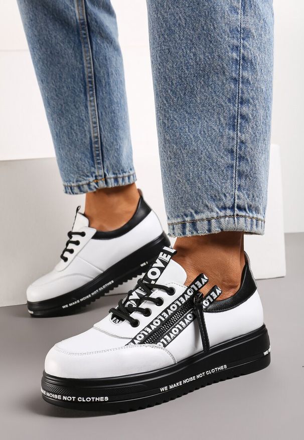 Renee - Biało-Czarne Sneakersy na Platformie ze Skórzaną Wkładką Zapinane z Boku na Zamek Błyskawiczny Urithas. Nosek buta: okrągły. Zapięcie: zamek. Kolor: biały. Materiał: skóra. Obcas: na platformie. Wysokość obcasa: niski