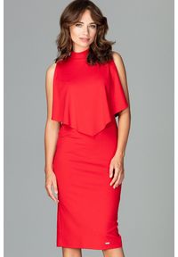Lenitif - Dopasowana sukienka midi z doszytą pelerynką czerwona. Kolor: czerwony. Typ sukienki: ołówkowe, dopasowane. Styl: elegancki. Długość: midi #1