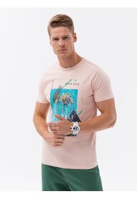 Ombre Clothing - T-shirt męski bawełniany z nadrukiem - różowa V2 S1738 - XXL. Kolor: różowy. Materiał: bawełna. Długość rękawa: krótki rękaw. Długość: krótkie. Wzór: nadruk. Styl: elegancki, klasyczny