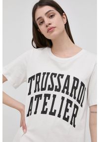 Trussardi Jeans - Trussardi - T-shirt bawełniany. Okazja: na co dzień. Kolor: beżowy. Materiał: bawełna. Wzór: nadruk. Styl: casual