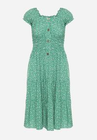 Born2be - Zielona Bawełniana Sukienka w Drobne Kwiaty z Gumkami w Talii Fielita. Kolor: zielony. Materiał: bawełna. Długość rękawa: krótki rękaw. Wzór: kwiaty. Sezon: lato. Styl: elegancki #7