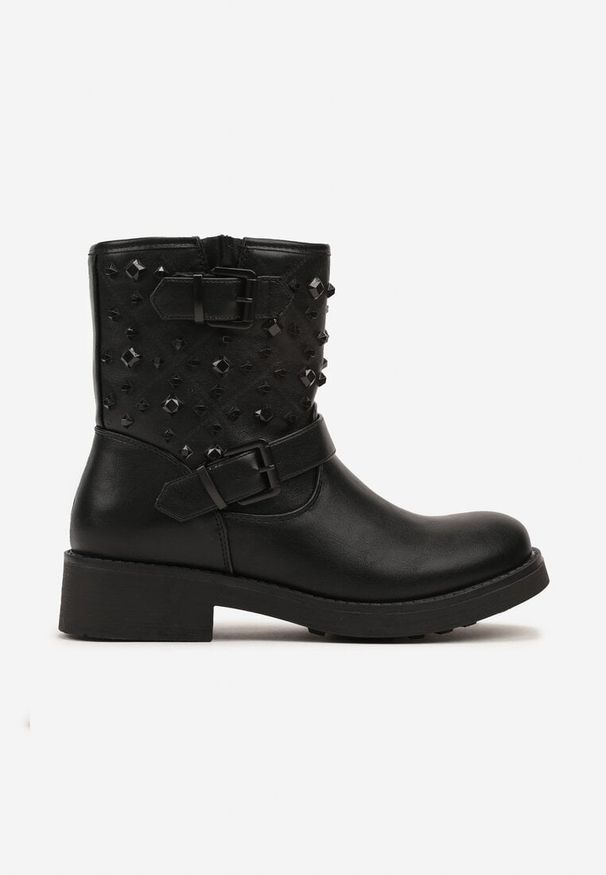 Born2be - Czarne Płaskie Botki Ozdobione Ćwiekami Rielinea. Okazja: na co dzień. Kolor: czarny. Materiał: jeans, bawełna. Wzór: aplikacja. Obcas: na obcasie. Styl: klasyczny, elegancki, casual, rockowy. Wysokość obcasa: niski